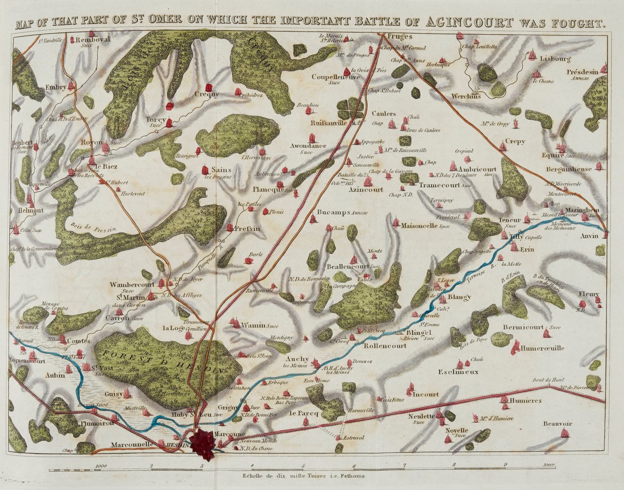 Kort over den del af St. Omer, hvorpå det vigtige slag ved Agincourt blev udkæmpet, illustration fra 