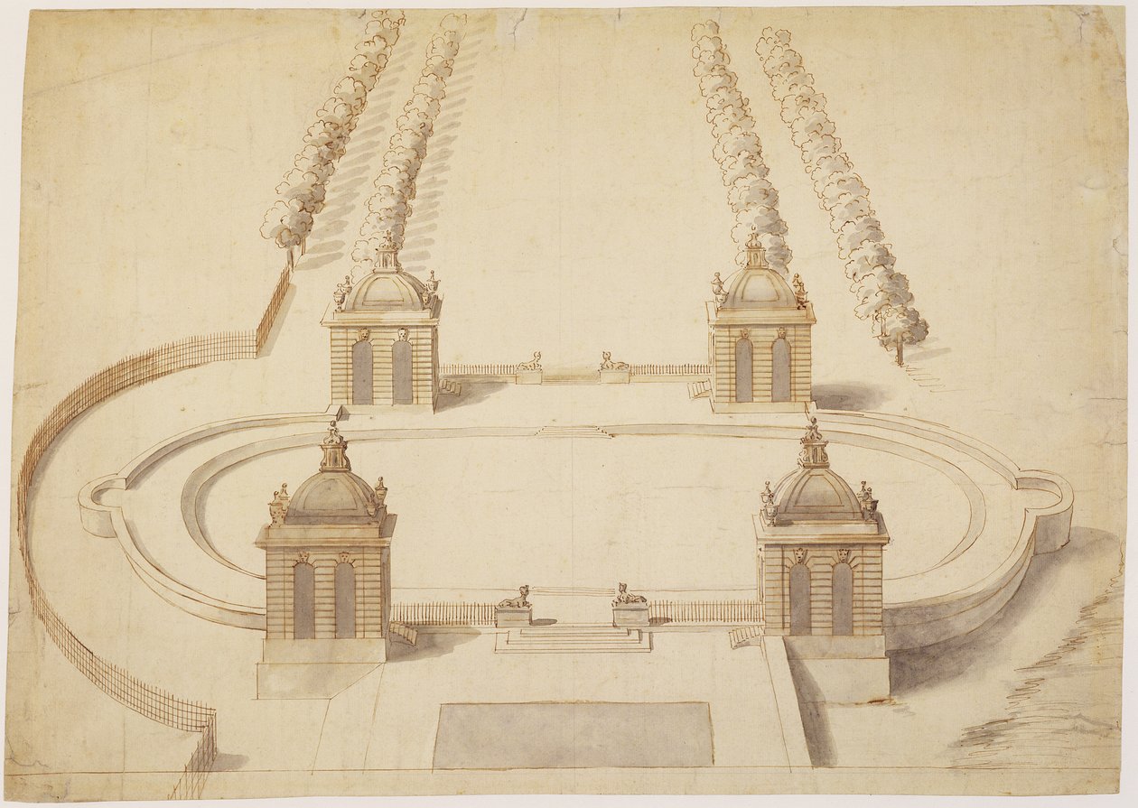 Design til en Bowling Green, Hampton Court, ca. 1689-91 (pen og brunt blæk, vask og grafit på papir) af Nicholas Hawksmoor