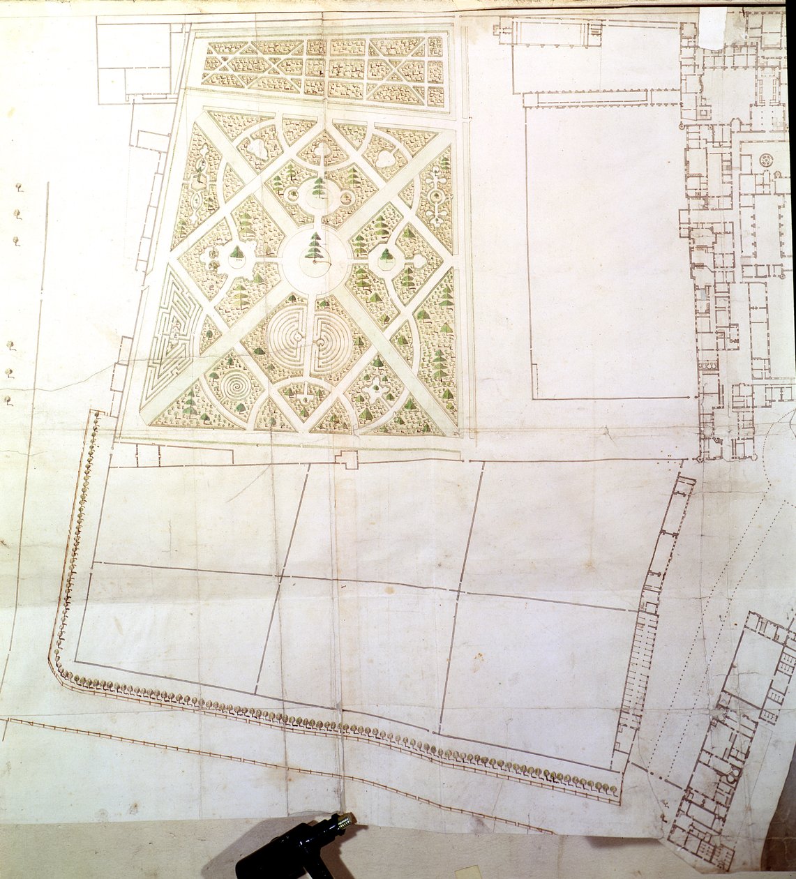 Områdeplan og undersøgelse af The Wilderness, Hampton Court, ca. 1710-14 (pen og blæk og wc på papir) af Nicholas Hawksmoor
