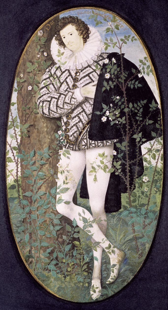 En ung mand læner sig op ad et træ blandt roser (kropsfarve på vellum) af Nicholas Hilliard