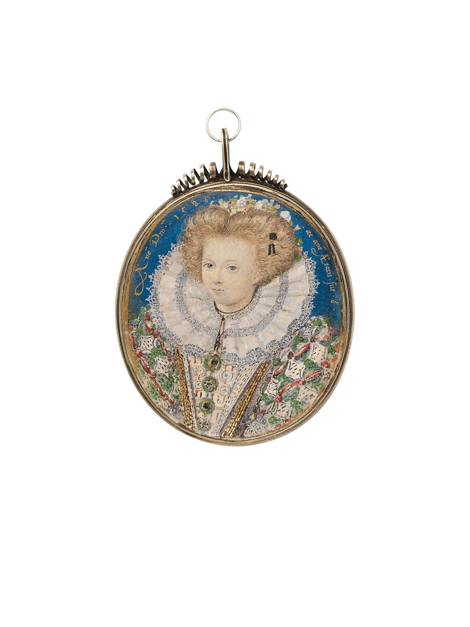 En pige fra det elizabethanske hof, 6 år, i udsøgt kjole og kniplinger af Nicholas Hilliard