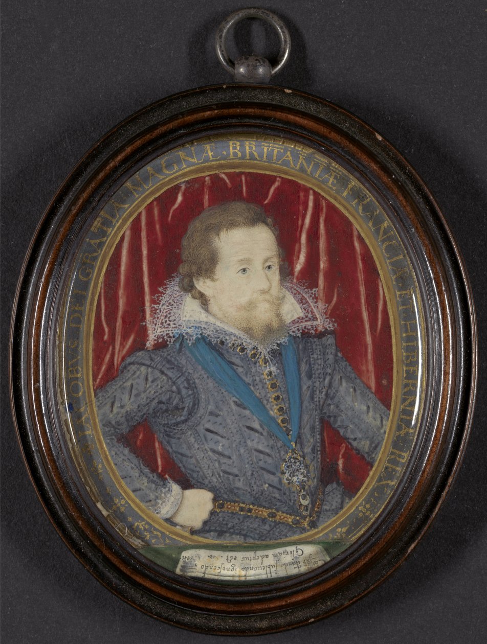 James I af England og VI af Skotland, ca. 1610 (w/c, gouache og guld, pen og sort blæk på vellum) af Nicholas Hilliard