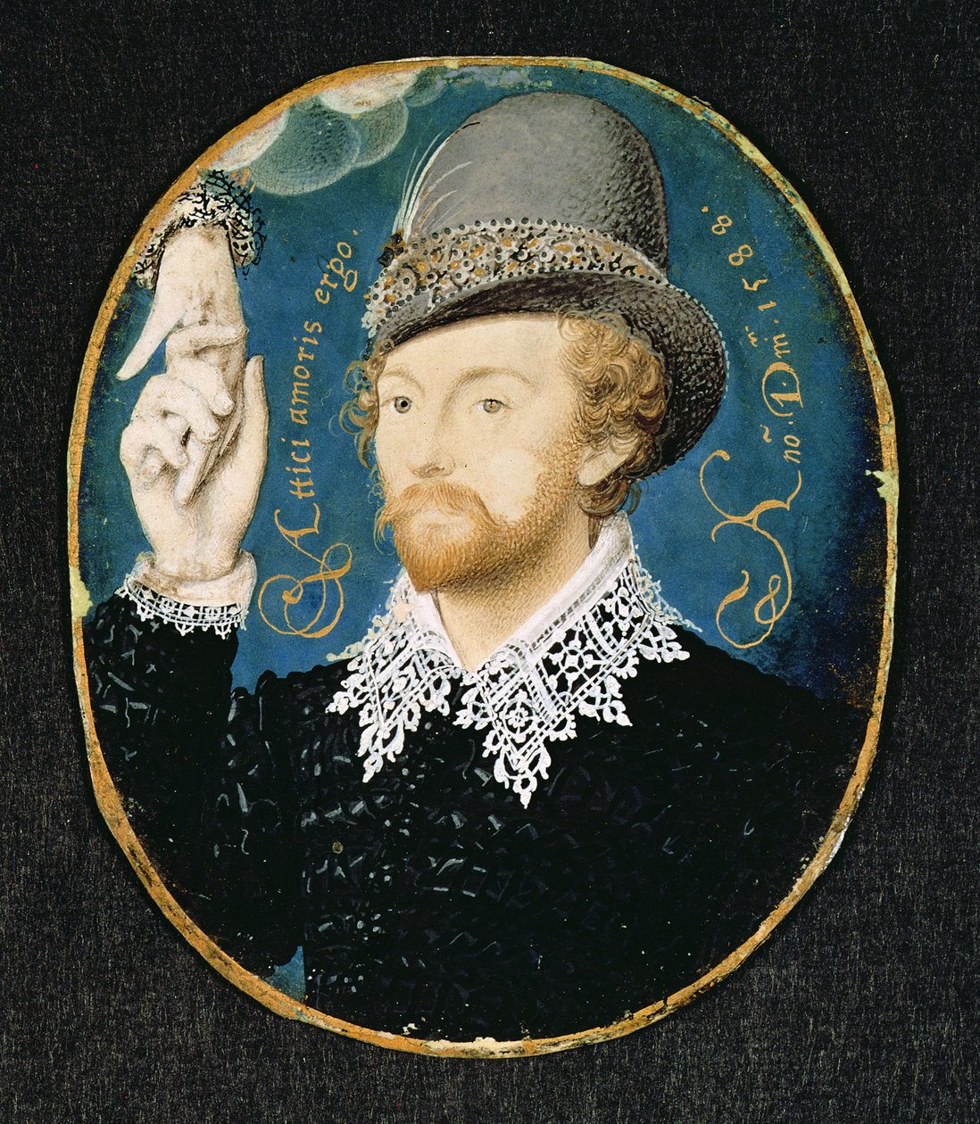 Mand griber hånden fra en sky, muligvis William Shakespeare, 1588 af Nicholas Hilliard