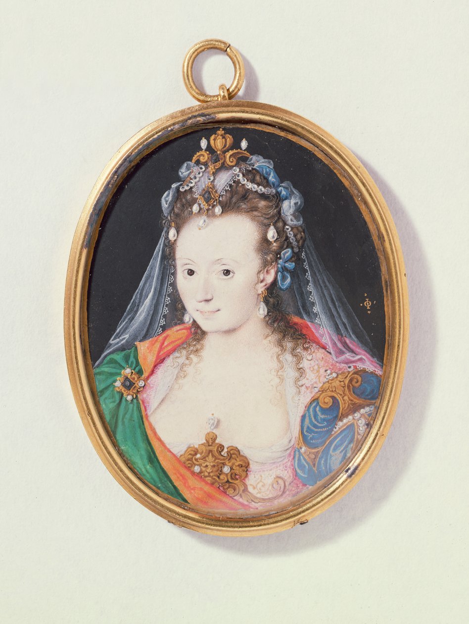 Miniature af Arabella Stuart, hertuginde af Lennox, 1593 (wc på vellum) af Nicholas Hilliard