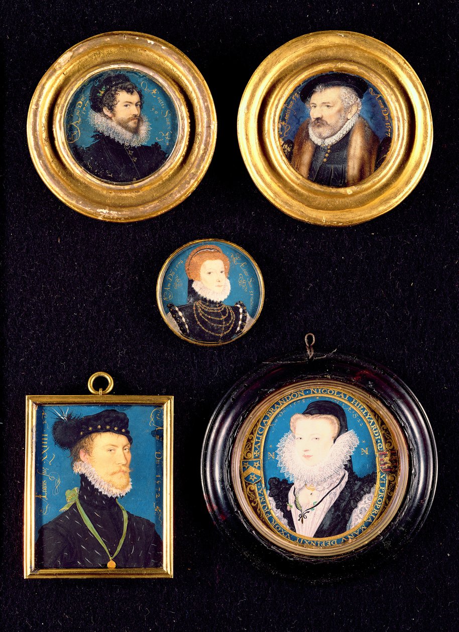 Miniaturer af Hilliards far og mor, selvportræt og ukendte portrætter af mand og kvinde af Nicholas Hilliard