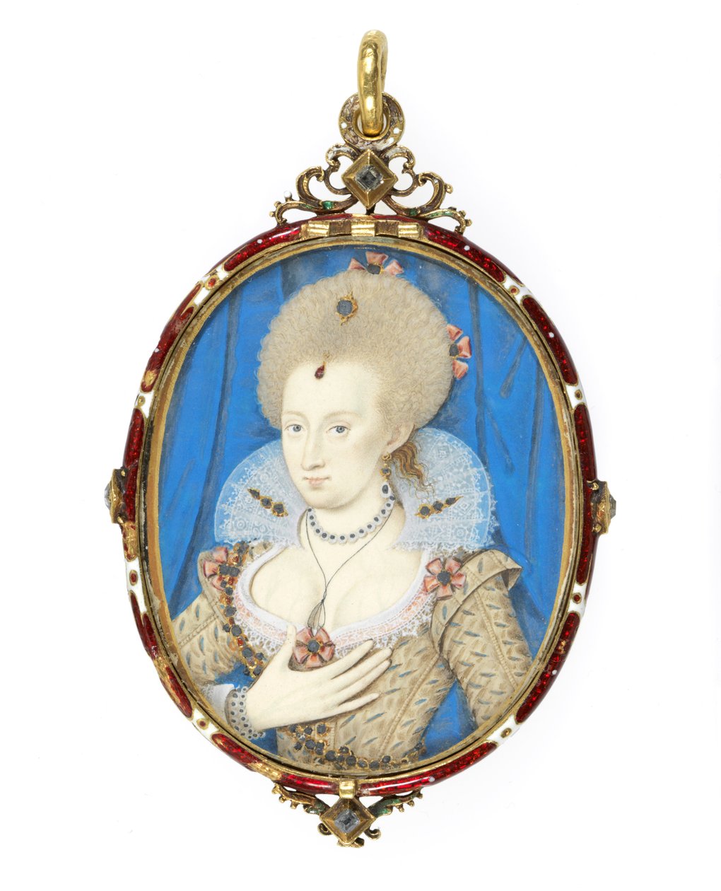Nr.3855 Anne af Danmark (1574-1619), hustru til kong James 1. af England, ca.1610 (pergament på spillekort) (se 109671 for etui) af Nicholas Hilliard