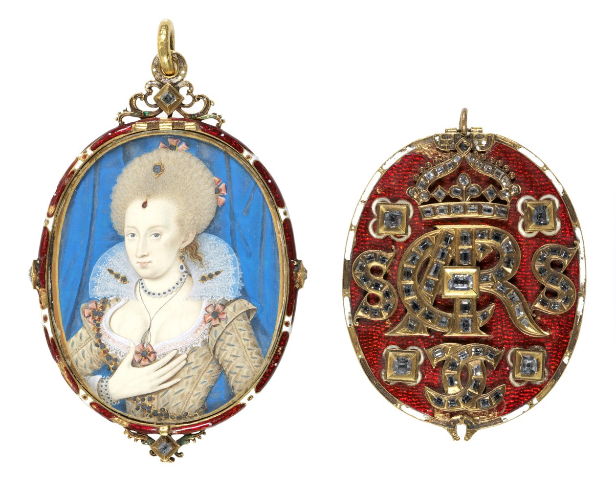 Portrætminiature af dronning Anne af Danmark (1574-1619) med juvelbesat låg, o.1611 (wc på pergament, emaljeret guldramme med borddiamanter) (se også 69710) af Nicholas Hilliard