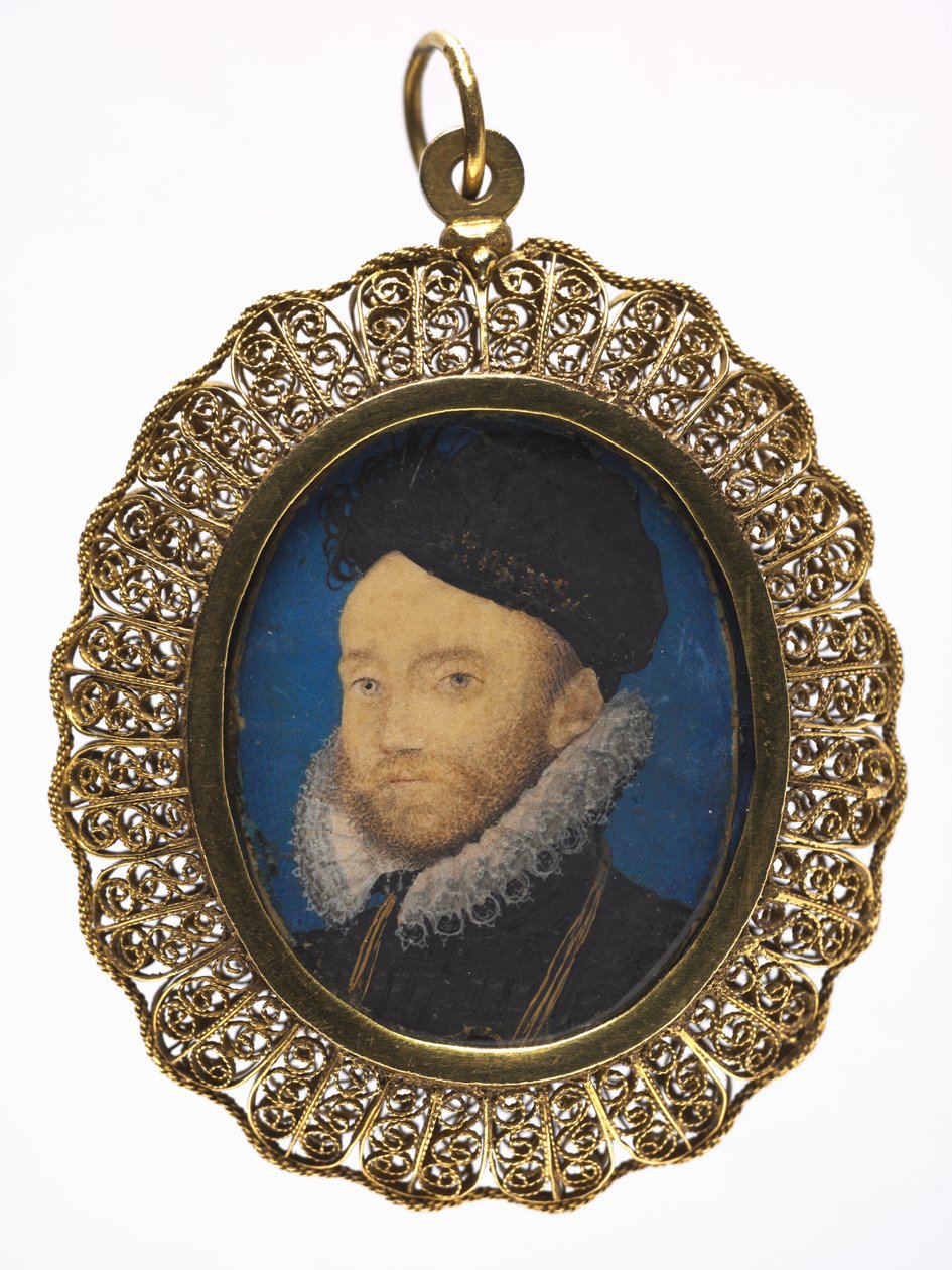Portræt af en mand, ca. 1590 (w/c på vellum i en senere forgyldt metalramme) af Nicholas Hilliard
