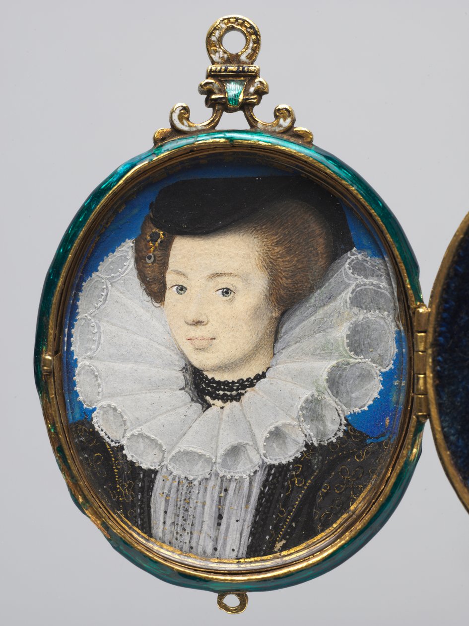 Portrait of a Woman, ca. 1593 (akvarel på vellum i en medaljonsramme af guld og emalje) af Nicholas Hilliard