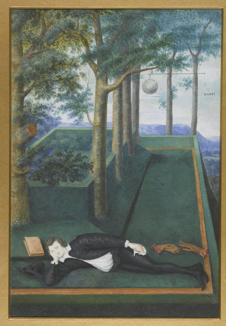 Portræt af en liggende adelsmand i en forvokset hof; Portræt af Henry Percy, 9. jarl af Northumberland af Nicholas Hilliard
