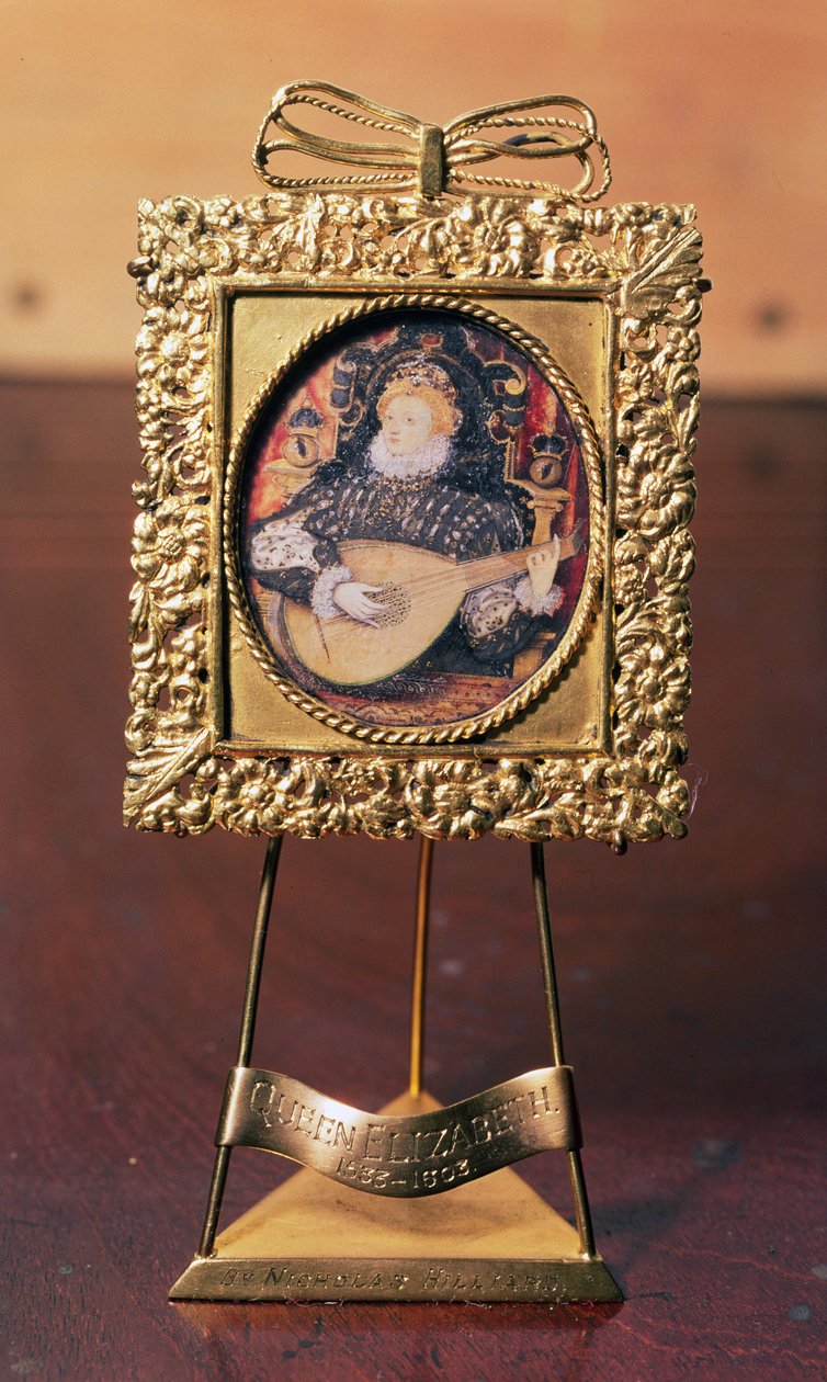 Dronning Elizabeth I spiller lut (miniature inklusive messingstand) (se også 75751) af Nicholas Hilliard