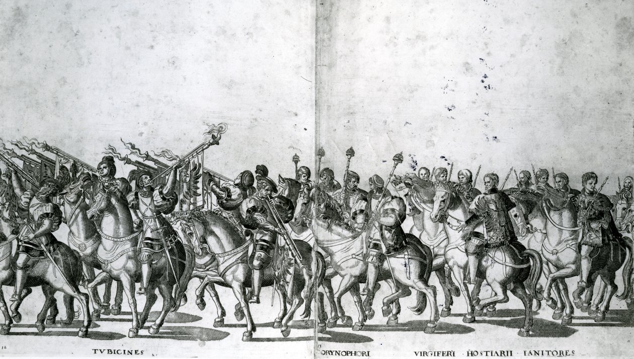 Tavle 12 og 13 af pave Clemens VII og kejser Karl Vs indtog i Bologna den 24. februar 1530, offentliggjort ca. 1530 af Nicholas Hogenberg
