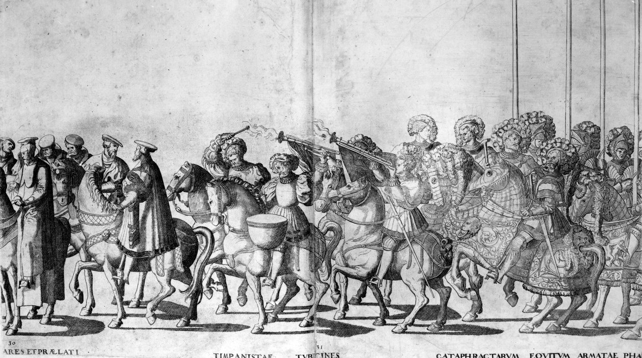 Tavle 30 og 31 af pave Clemens VII og kejser Karl Vs indtog i Bologna den 24. februar 1530, offentliggjort ca. 1530 af Nicholas Hogenberg