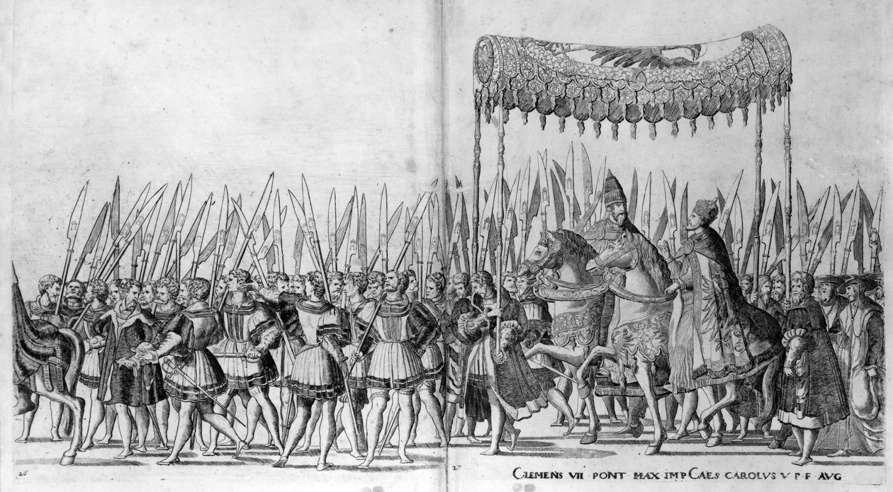 Pave Clemens VII og kejser Karl Vs indtog i Bologna den 24. februar 1530, plade 27, ca. 1530 af Nicholas Hogenberg