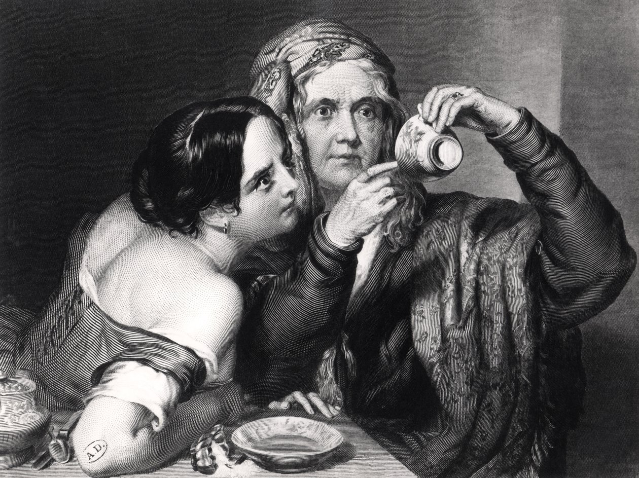 Forudsige fremtiden ved at læse kaffegrums, indgraveret af Charles William Sharpe (1818-99) af Nicholas Joseph Crowley