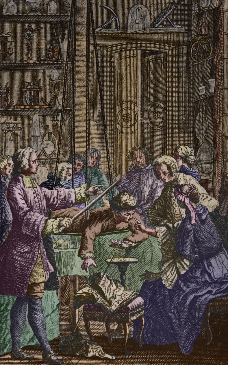 Elektrisk eksperiment lavet på en mand af Abbe Jean Antoine Nollet (1700-70) i et fysikerskab, frontispice illustration fra Essai sur lelectricite des corps af Nollet, udgivet 1746, graveret af af Nicholas Lesueur