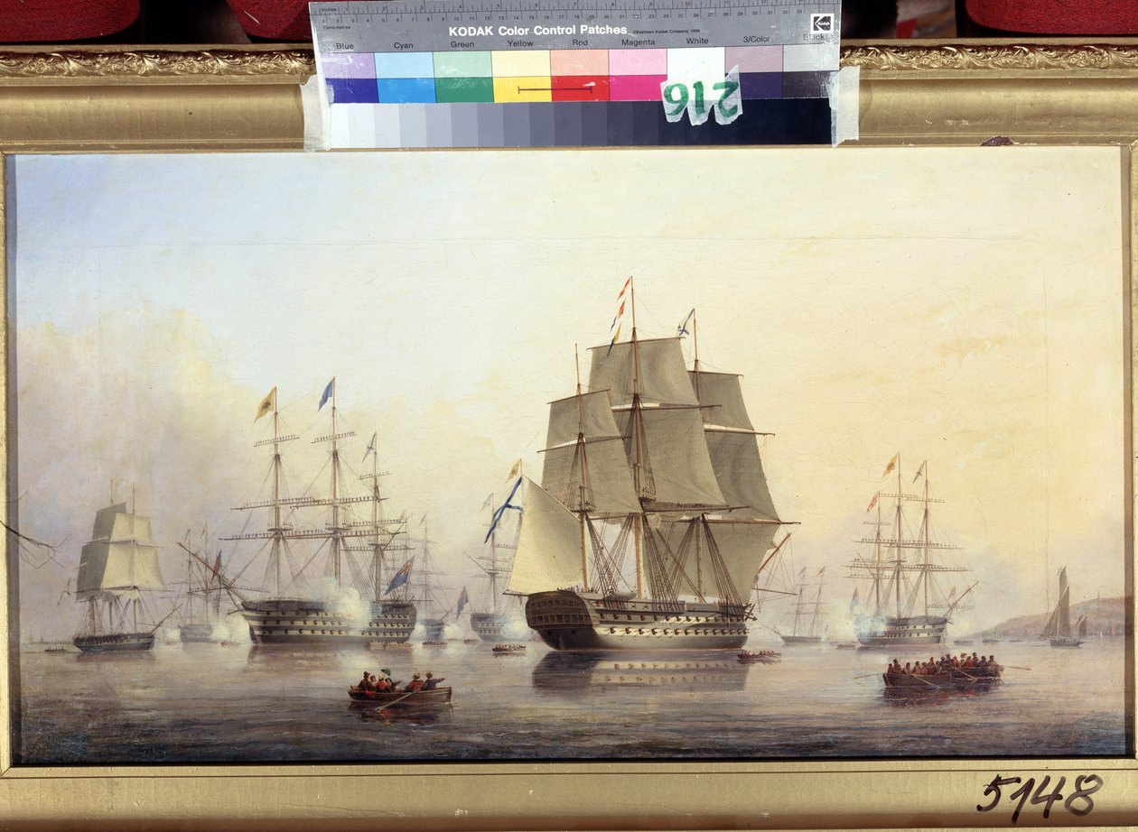 Kejser Nicholas I (1796-1855) på besøg i England (Emperor Nicholas I besøger England). Bådene affyrer kanoner for at byde velkommen og fejre Ruslands zar. Maleri af Nicholas Matthew Condy (1816-1851), olie på lærred af Nicholas Matthews Condy