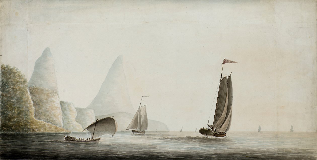 Skibsslaver ud for Pitons, St. Lucia, ca. 1771 (akvarel) af Nicholas Pocock