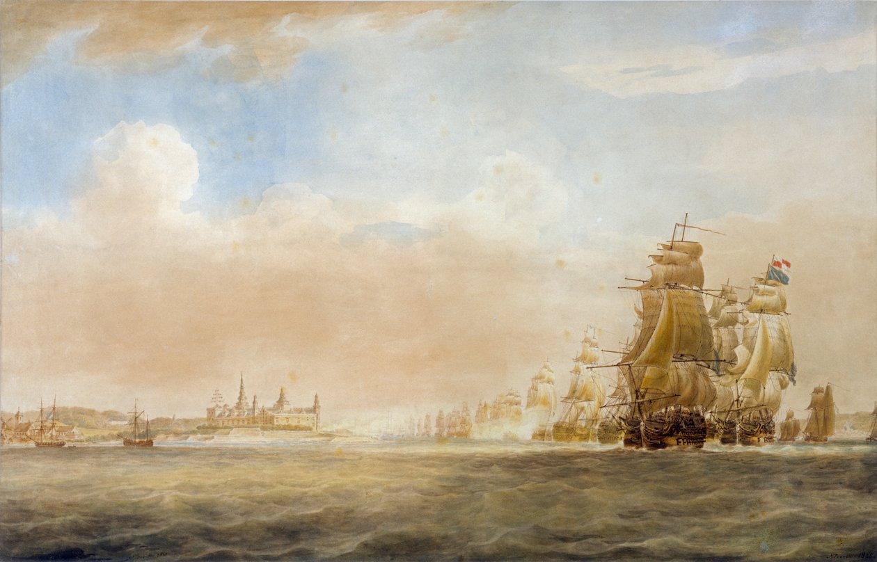 Den britiske flåde ud for Kronborg Slot, Helsingør, 28. marts 1801 [før slaget ved København]. af Nicholas Pocock