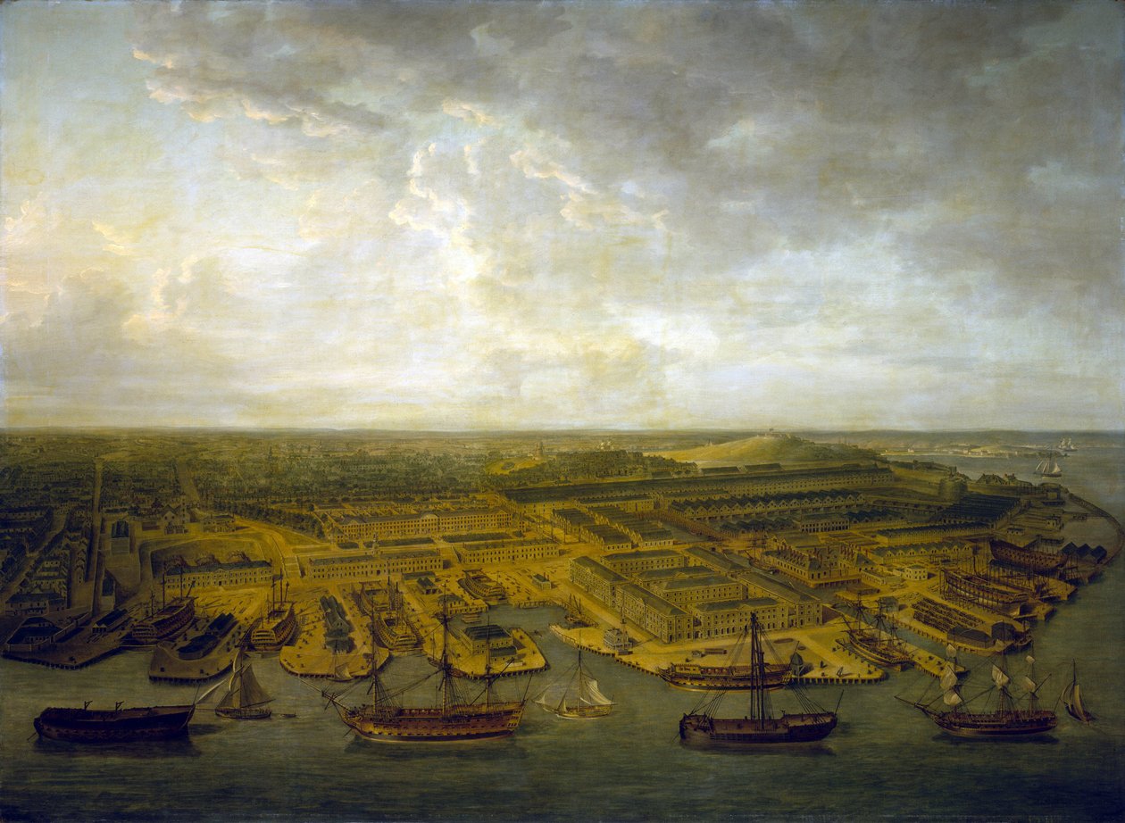 Havnen og havnen i Plymouth (England). Olie på lærred af Nicholas Pocock