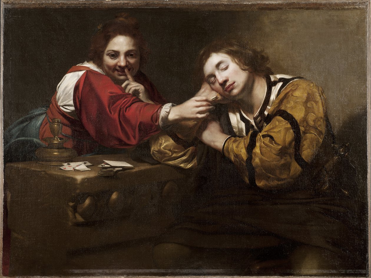 Fortune Taling Scene (Sleeper Awakened by a Young Woman), af Renieri, Niccolo (Nicolas Regnier) (ca. 1590-1667). olie på lærred af Nicholas Renieri