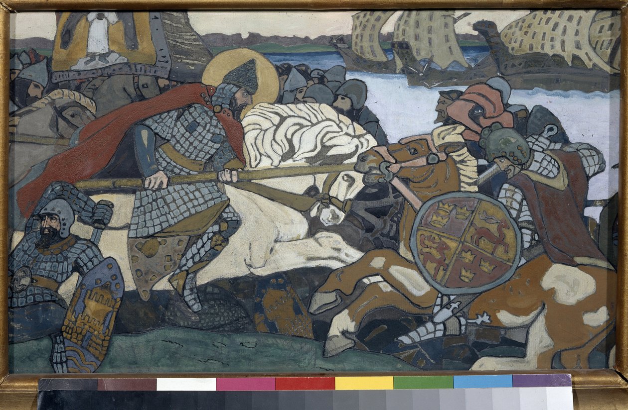 Alexander Nevsky (1220-1263) slog Birger Jarl (1210-1266) (eller Birger Magnusson af Bjalbo). Afsnit af slaget ved Neva (1240). Værk af Nicolas Roerich (1874-1947), gouache på pap af Nicholas Roerich