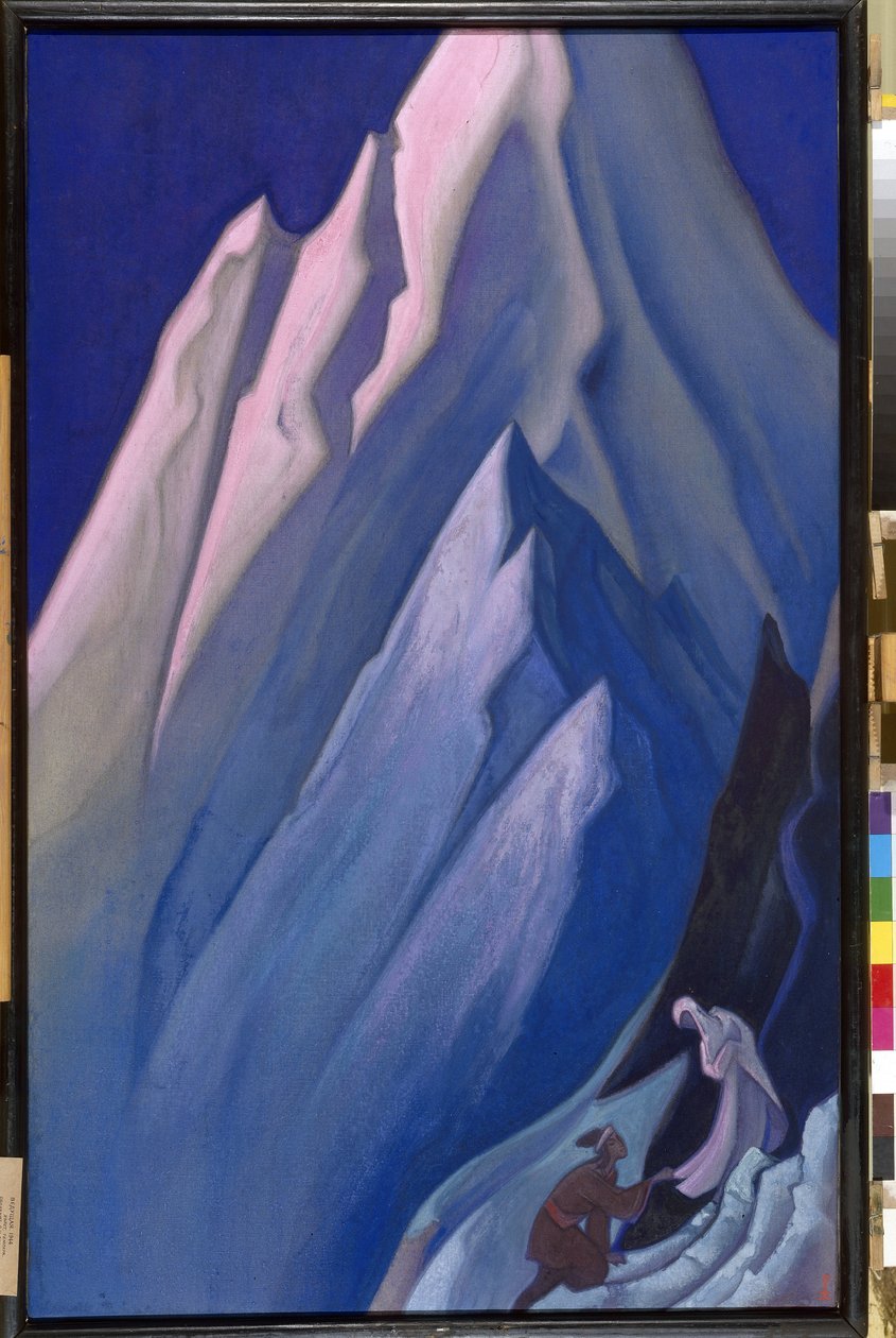 Hun der leder. I Himalaya-bjergene rører en knælende mand bunden af ​​en kvindes kappe, buddhistisk spiritualitet. Værk af Nicholas Roerich (1874-1947), tempera på lærred af Nicholas Roerich