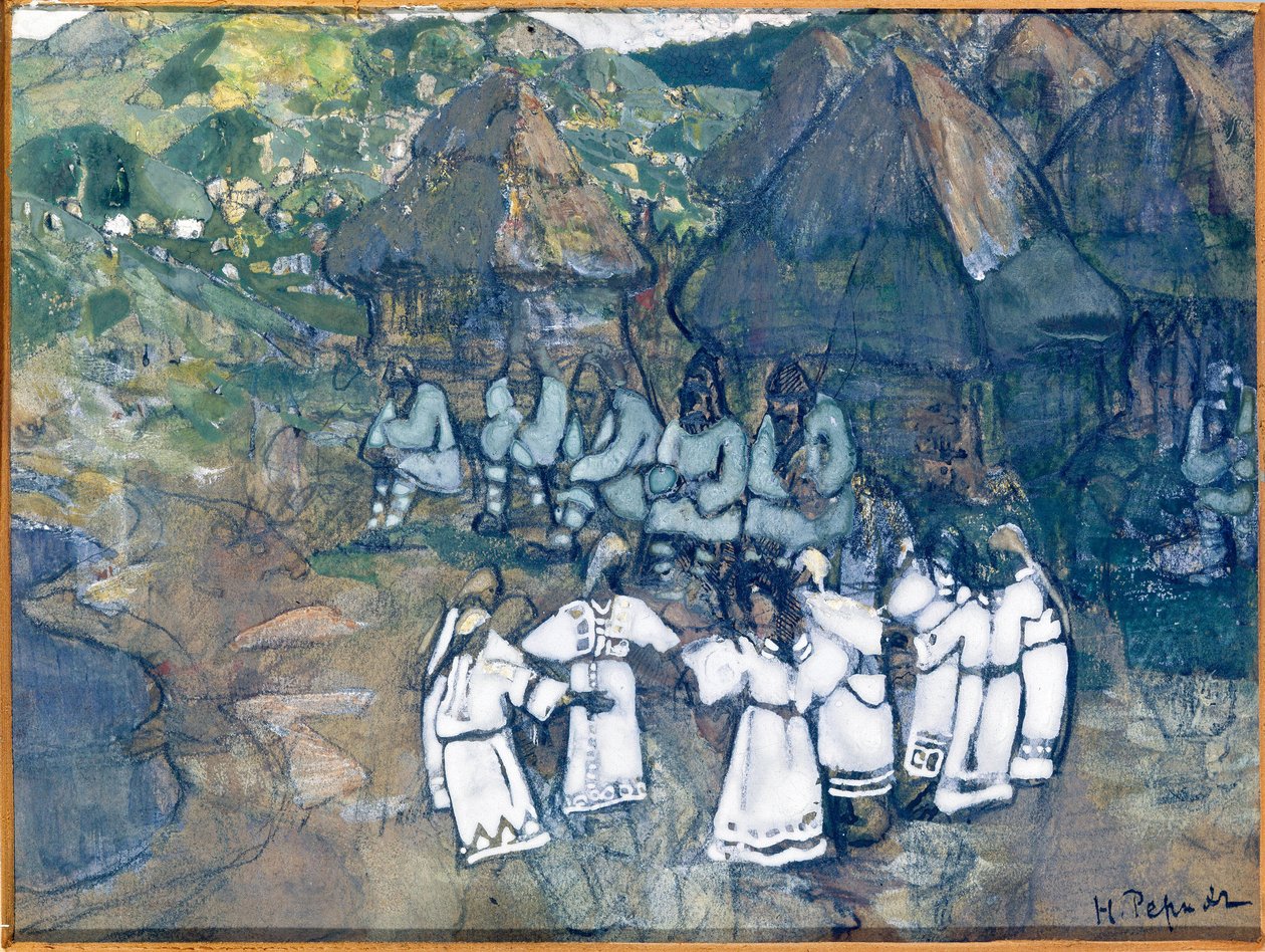 Cirkeldans (rund). Værk af Nicolas (Nicholas) Roerich (1874-1947), akvarel og gouache på papir, omkring 1900-1910. russisk kunst, 20. århundrede, symbolisme; Statens M. Nesterov Kunstmuseum for Republikken Bashkortostan, Ufa (Rusland). af Nicholas Roerich