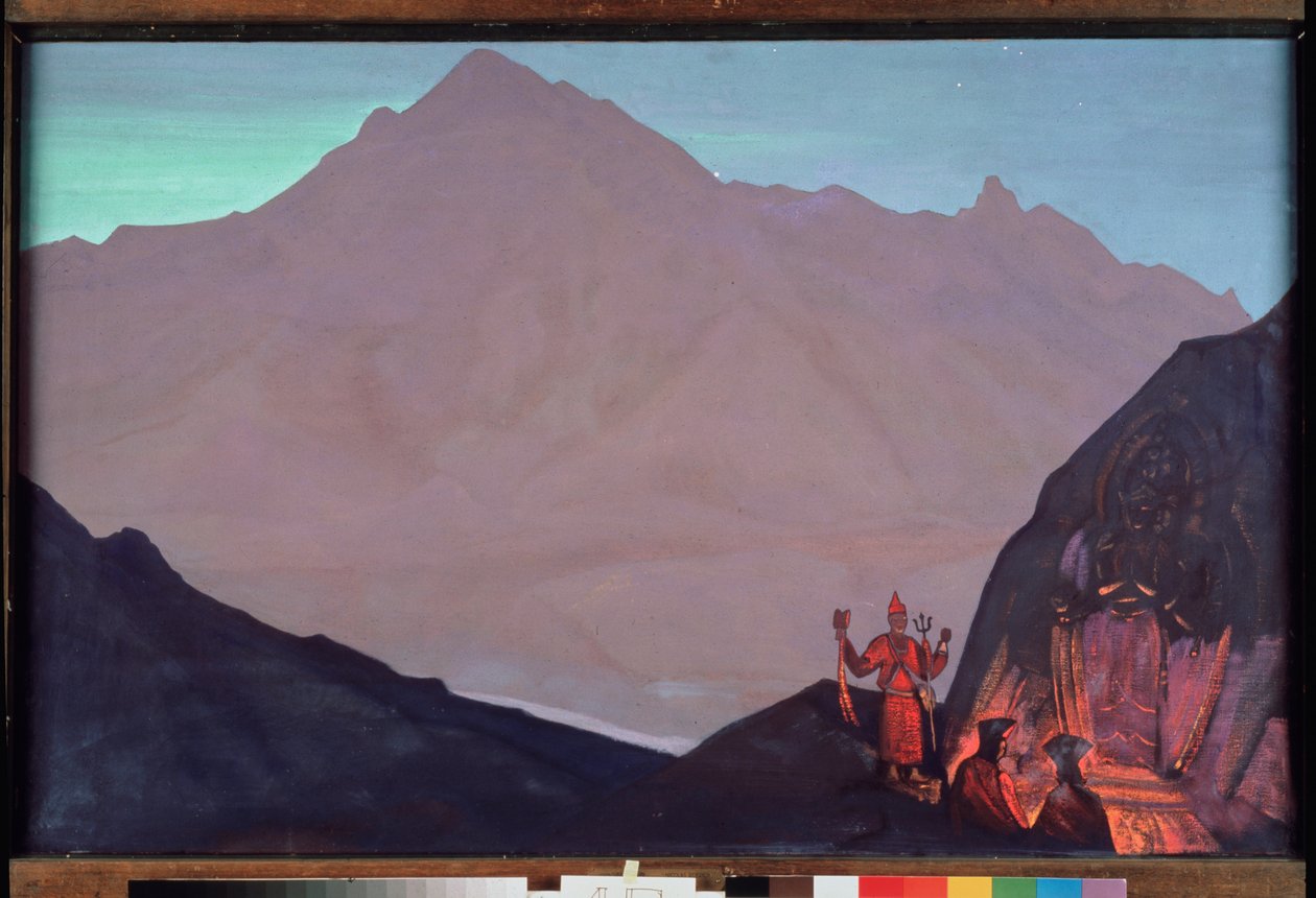Chenrezig (Bodhidattva af medfølelse dedikeret til Dalai Lama eller Avalokiteshvara). Vestlige Tibet i Himalaya. (Buddhistiske munke hylder dens repræsentation indgraveret på væggen af ​​Himalaya-bjerget). Maleri af Nicolas (Nicholas) Roeri af Nicholas Roerich