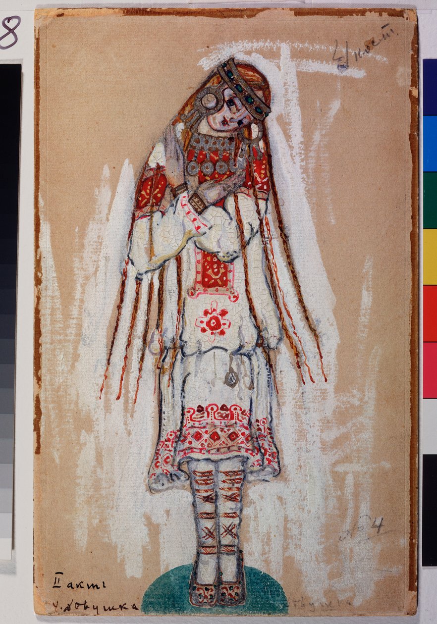 Kostume til en kvindelig karakter fra balletten ""The Rite of Spring"" af Igor Stravinsky (1882-1971). Værk af Nicolas (Nicholas) Roerich (1874-1947), gouache på pap af Nicholas Roerich