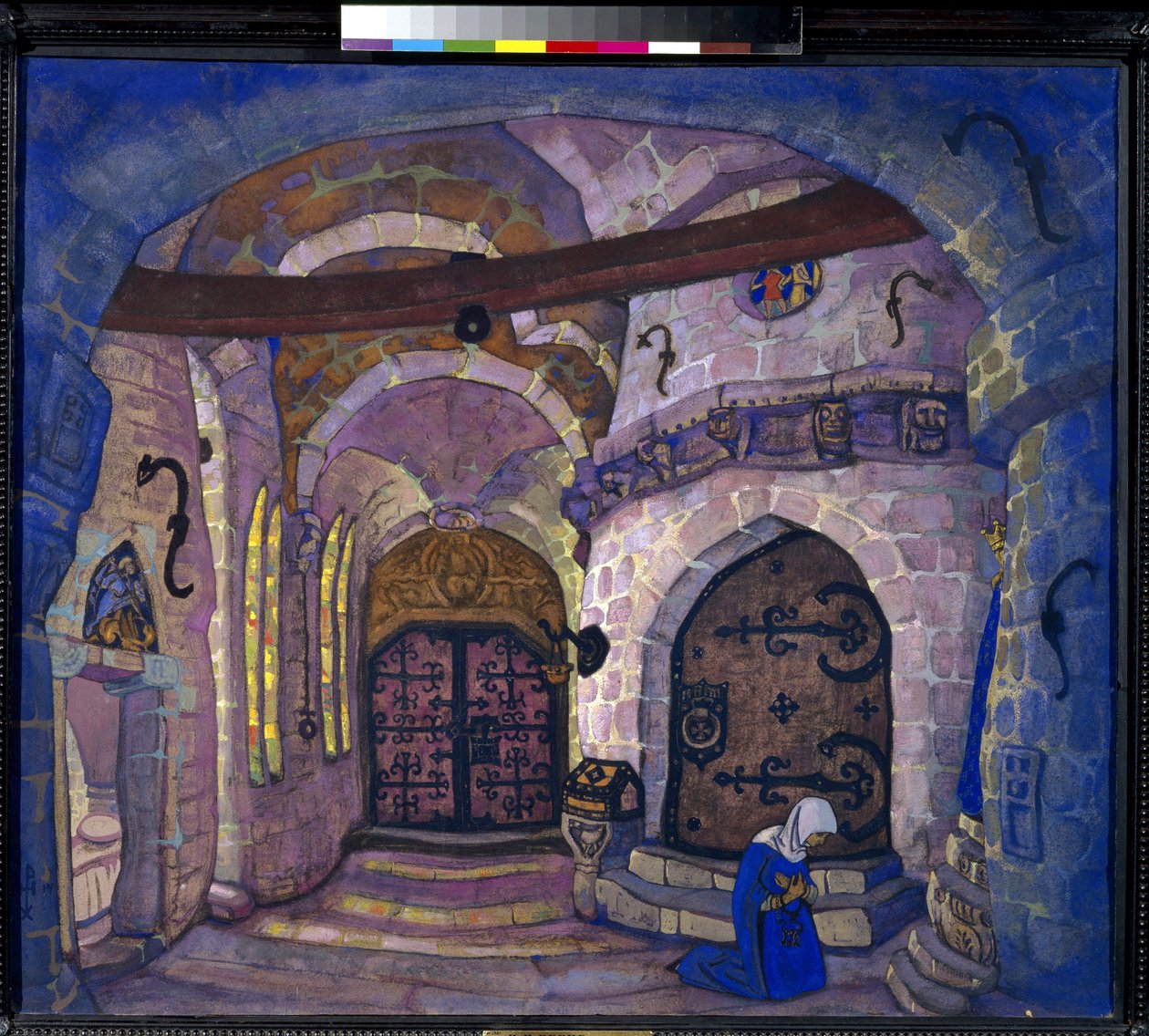 I klostret. Forberedende indretning til operaen Soeur Beatrice af A. Davydov. Værk af Nicholas Roerich (1874-1947), tempera på pap af Nicholas Roerich