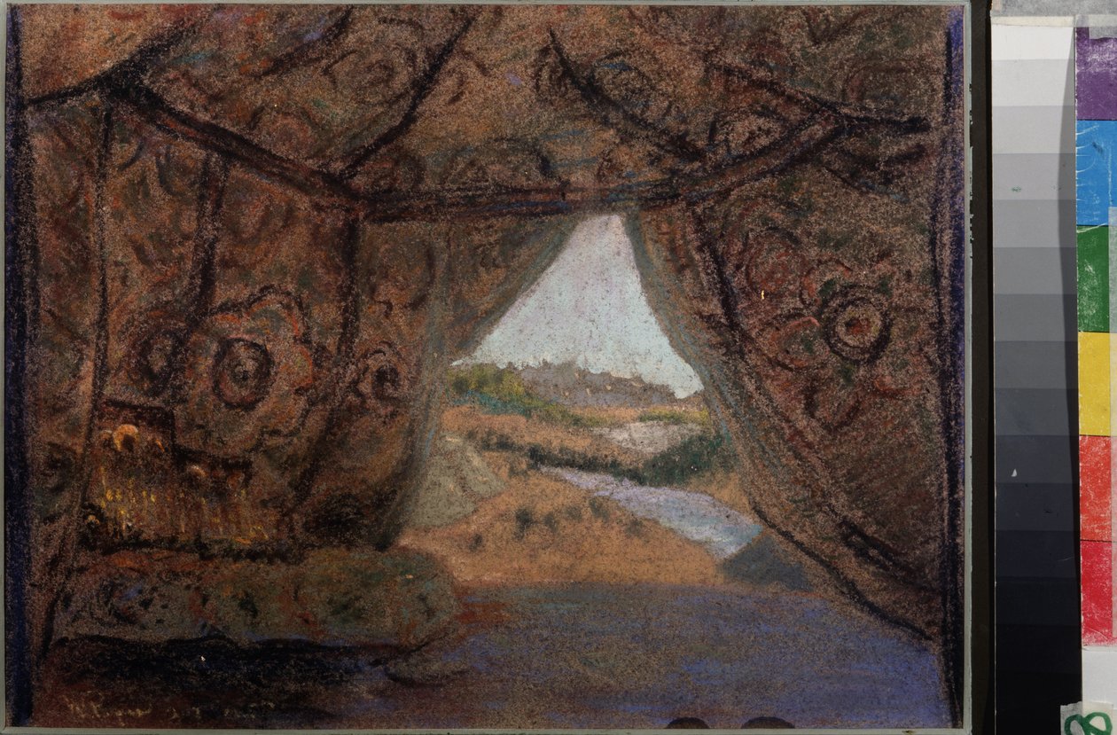 Forberedende scene til operaen La Pskovitaine (Jomfruen fra Pskov) af Nicholas (Nikolai) Rimsky Korsakov (1844-1908). Værk af Nicholas Roerich (1874-1947), pastel på pap af Nicholas Roerich