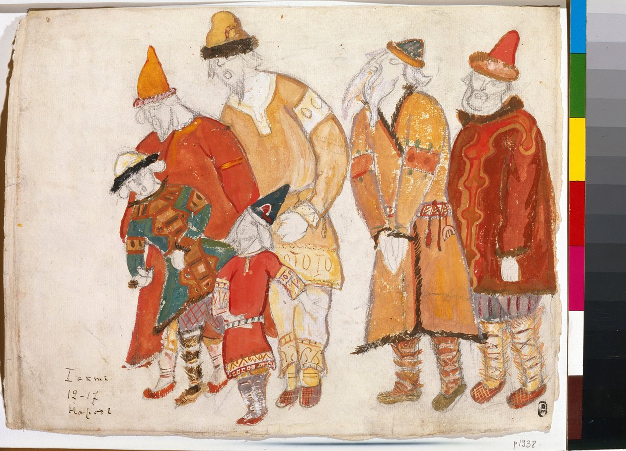 Folkets folk. Kostumer til operaen ""Prince Igor"" af Alexander Borodin (Borodin) (1833-1887). Værk af Nicolas (Nicholas) Roerich (1874-1947), akvarel og gouache på papir af Nicholas Roerich
