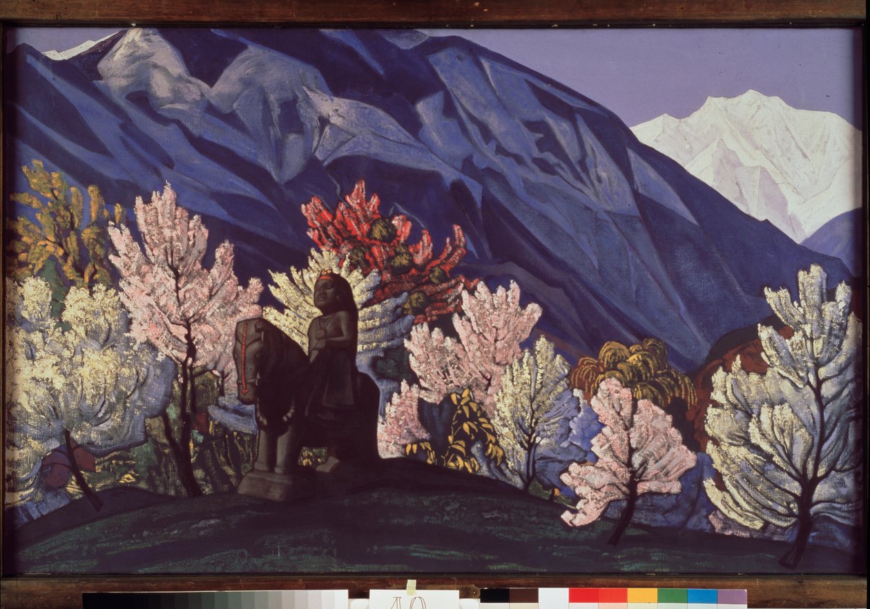 Guga Chohan. Kulu Valley (Indien). (Rytterstatue blandt Himalayas blomstrende træer). Maleri af Nicolas (Nicholas) Roerich (1874-1947), tempera på lærred af Nicholas Roerich