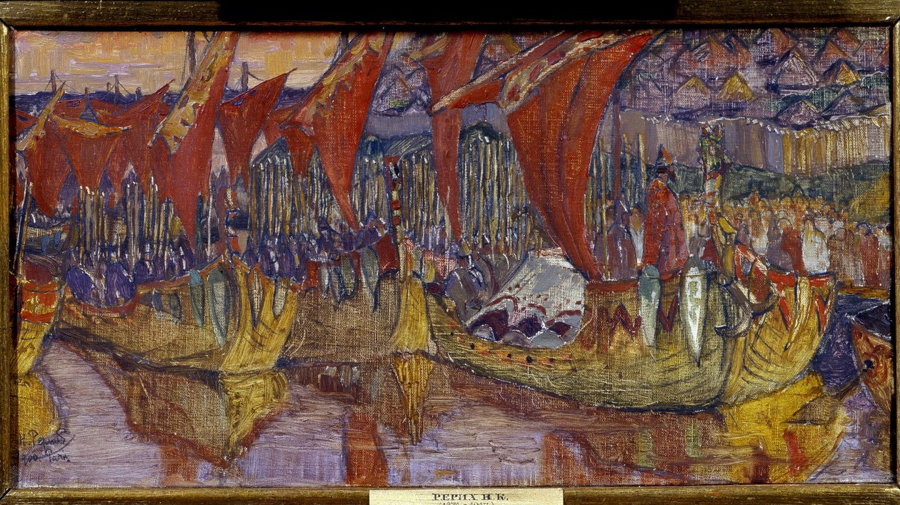 Kampagnen i Chersonessos af Vladimir den Store (eller Helgenen eller den røde sol, Vladimir I Sviatoslavitch fra Kiev, 958-1015). De røde sejl. Maleri af Nicolas Roerich (1874-1947), olie på lærred af Nicholas Roerich