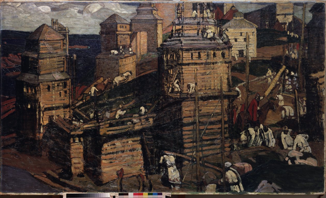 At bygge en by. (Bygge en by). (for et landsamfund i Ukraine). Maleri af Nicholas Roerich (1874-1947), olie på lærred af Nicholas Roerich