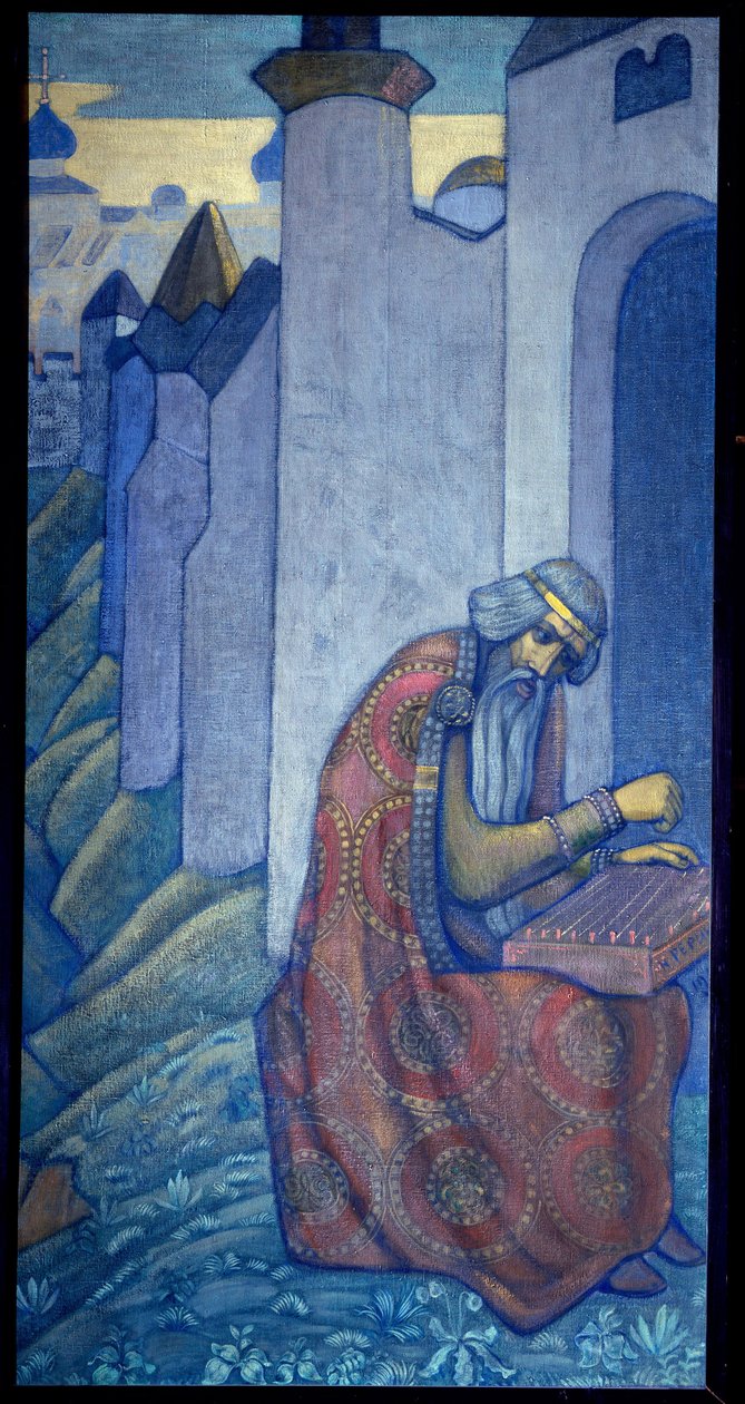 Den russiske bard Boyan spillede gousli (gusli, housli, husli) i det 11. århundrede. Maleri af Nicolas (Nicholas) Roerich (1874-1947), tempera på lærred af Nicholas Roerich