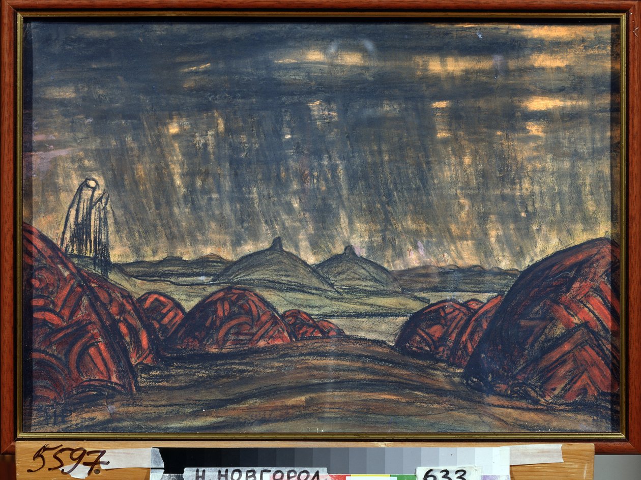 Polovtsien-lejren (eller Couman, Kouman). Forberedende indretning til operaen Prins Igor af Alexandre Borodin (Borodin) (1833-1887). Værk af Nicholas Roerich (1874-1947), pastel på pap af Nicholas Roerich