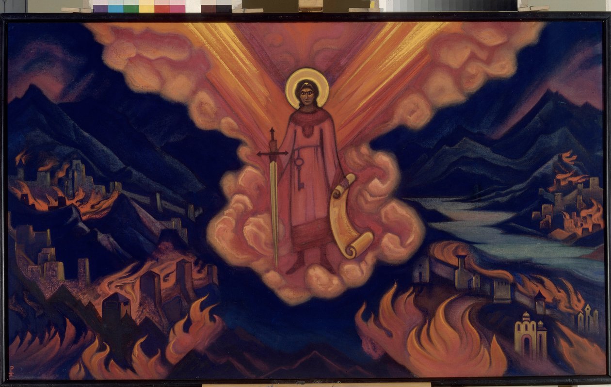 Den sidste engel. Værk af Nicolas (Nicholas) Roerich (1874-1947), tempera på pap af Nicholas Roerich