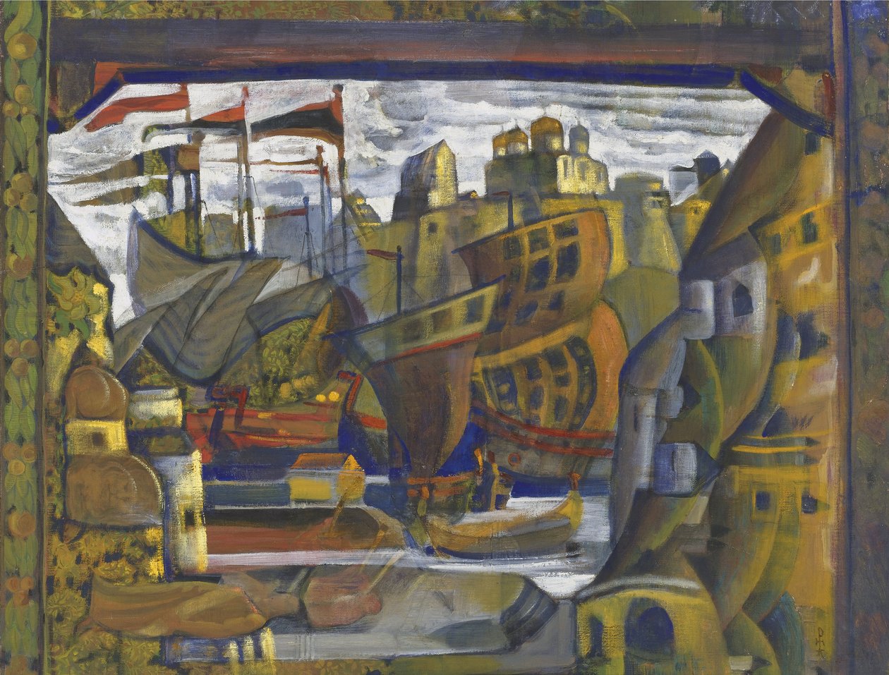 Novgorod-markedet - Novgorod-markedet. Scenografi til operaen Sadko af N. Rimsky-Korsakov, af Roerich, Nicholas (1874-1947). Tempera på lærred af Nicholas Roerich