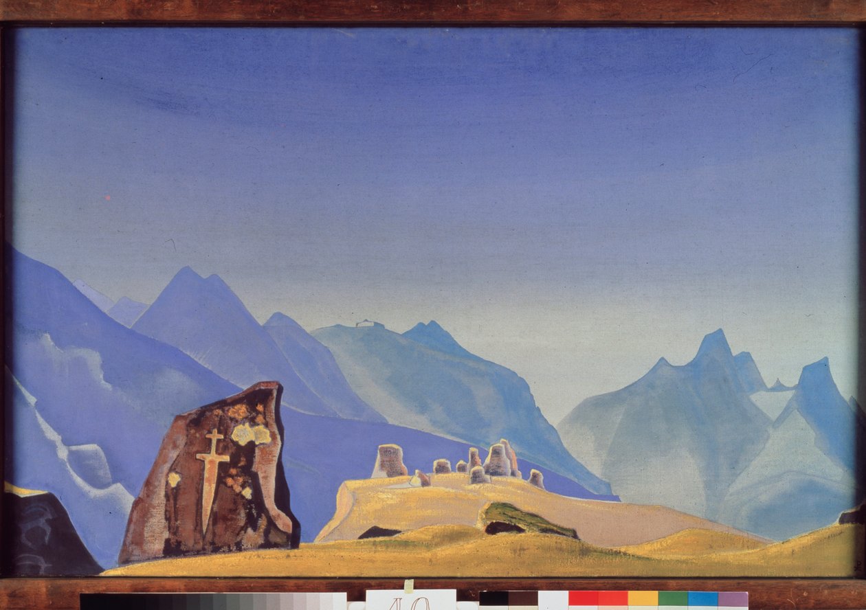 Gesar Khans sværd (eller kong Gesar af Ling, mongolsk og tibetansk helt). (Klippegrav på toppen af ​​Himalayas kæde). Værk af Nicolas (Nicholas) Roerich (1874-1947) tempera på lærred af Nicholas Roerich