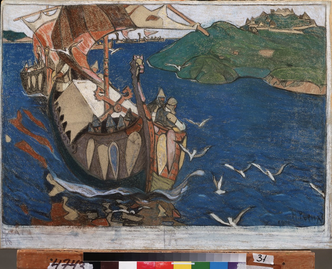 Oversøiske besøgende. Varangianerne (eller Rus) i Rusland. danske og svenske vikinger, som rejste gennem hele de østlige områders flodsystem og byggede forter. Værk af Nicholas Roerich (1874-1947), tempera på pap af Nicholas Roerich