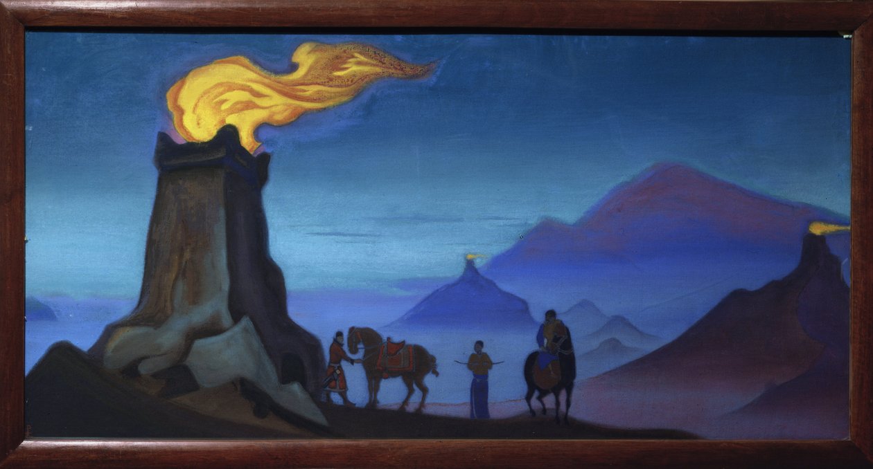 Sejrens flammer. (Silhuetter af ryttere i Himalaya-bjergene, aften). Værk af Nicholas Roerich (1874-1947), tempera på lærred af Nicholas Roerich