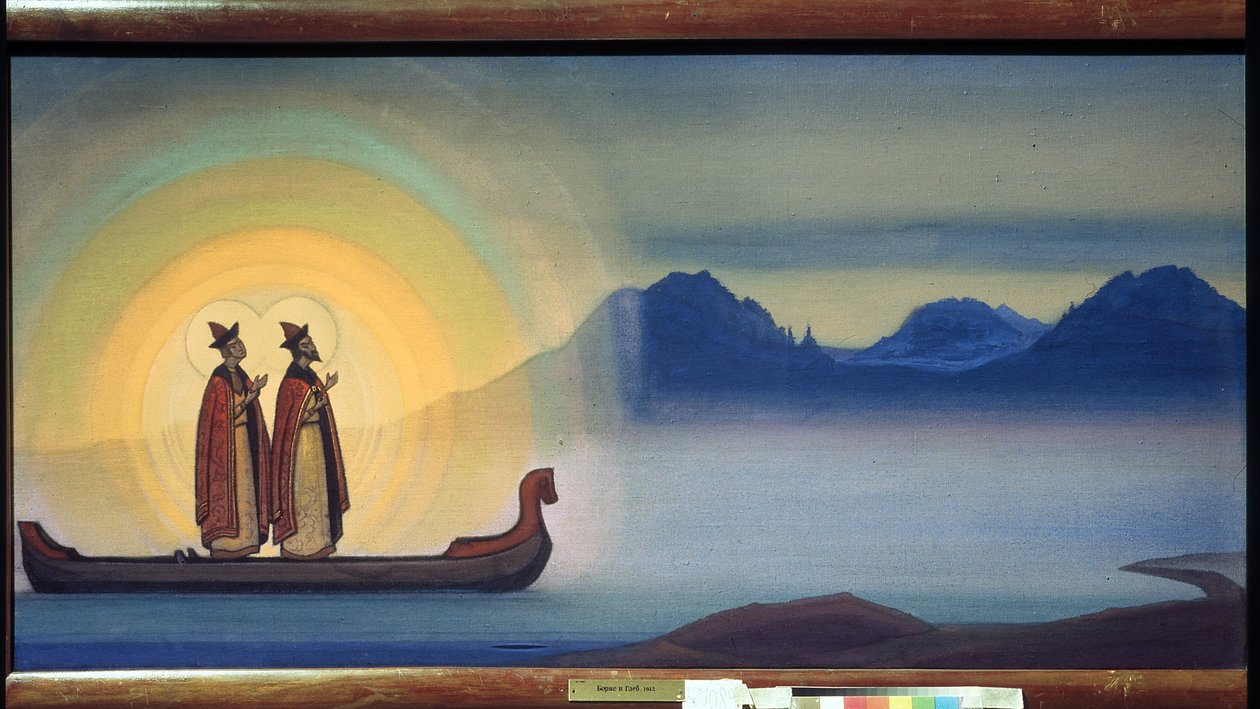 De hellige Boris og Gleb. (Brødre myrdet mellem 1015 og 1019, de er de første helgener i Rusland, kanoniseret i 1071). Maleri af Nicolas (Nicholas) Roerich (1874-1947), teampera på lærred af Nicholas Roerich