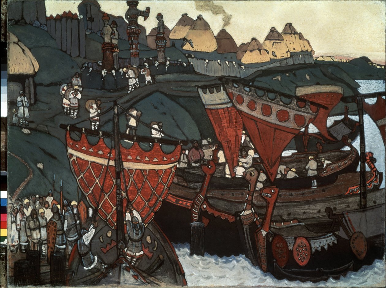 Slaverne ved Dnepr: Varangians (eller Rus) låner floden (slaverne ved Dnepr). Værk af Nicholas Roerich (1874-1947), tempera og pastel på pap af Nicholas Roerich