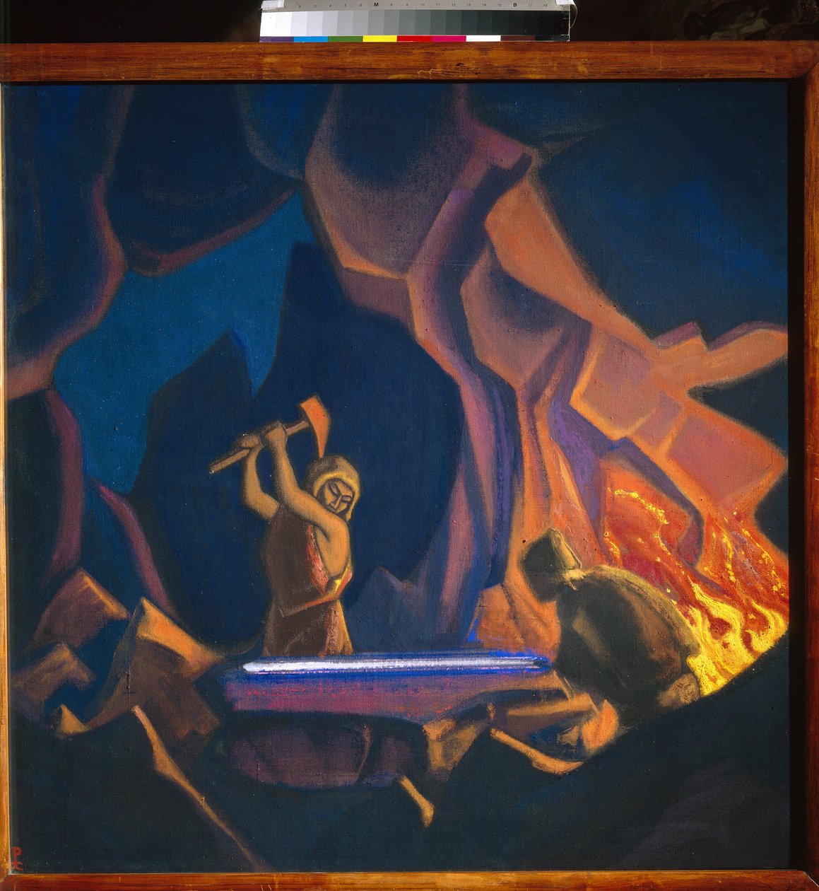 Nibelungen. Smede sværdet. (Episod fra tysk mytologi). Værk af Nicolas (Nicholas) Roerich (1874-1947), tempera på lærred af Nicholas Roerich