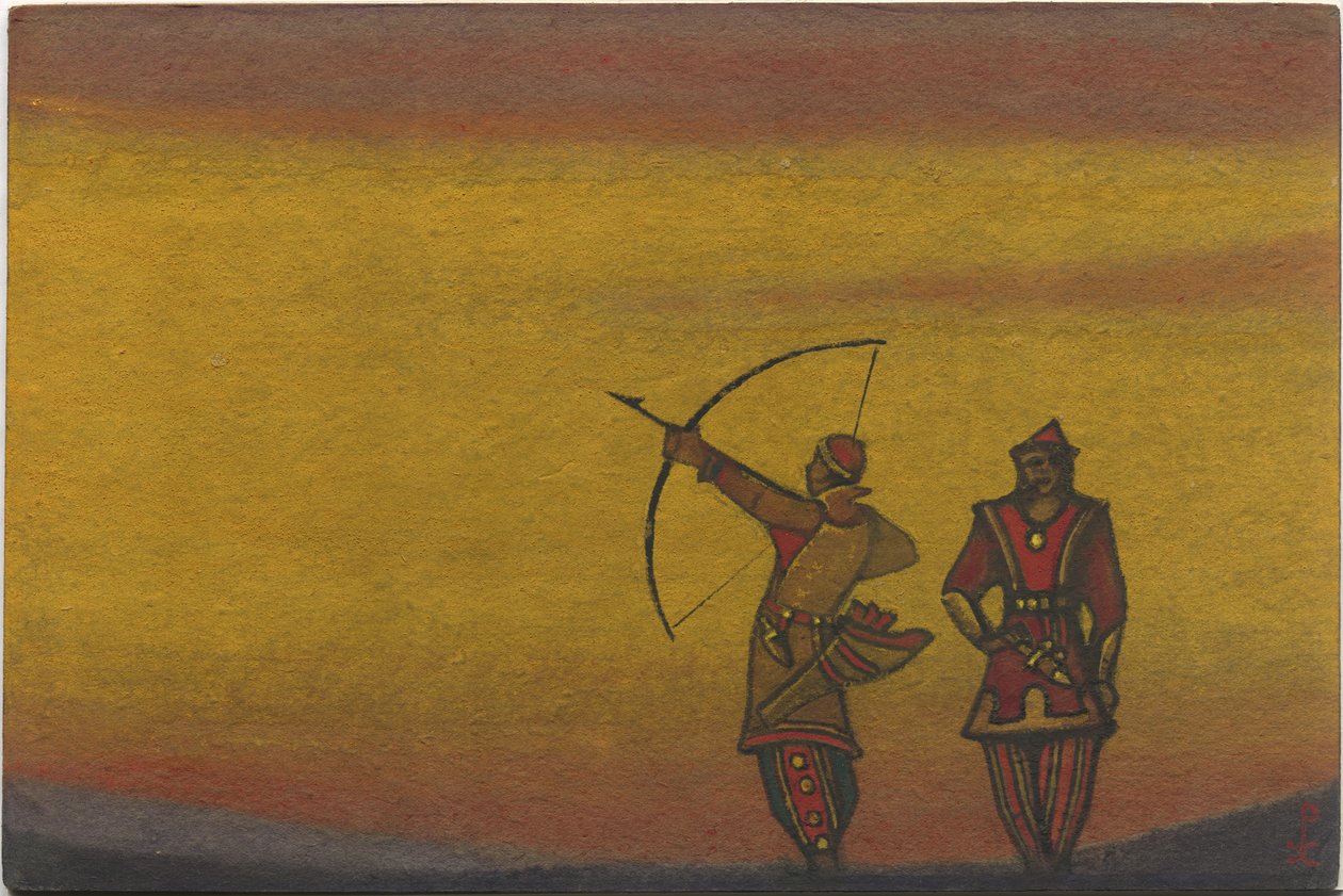Polovtsians, en med sløjfe, kostumedesign til "Polovtsian Dances" fra Borodins opera "Prince Igor", 1943 af Nicholas Roerich