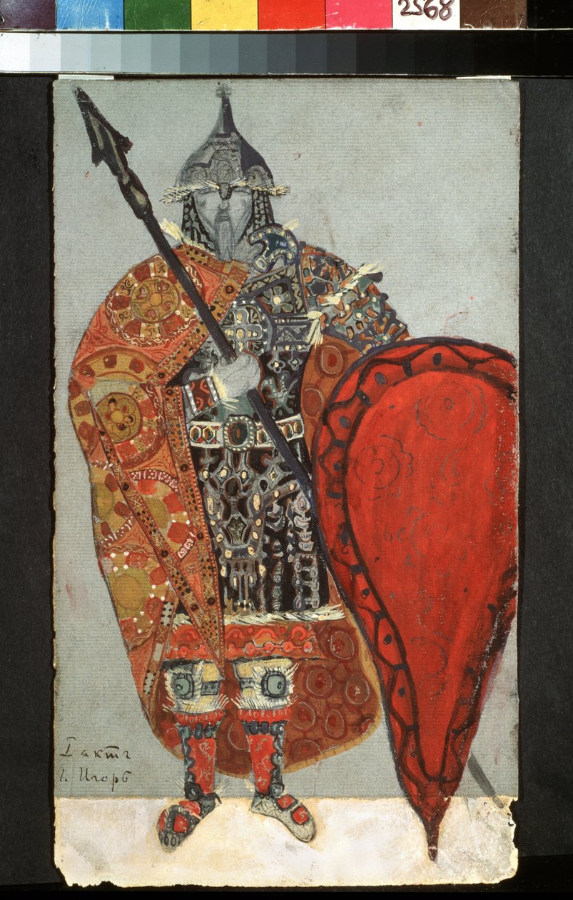Kostumeprojekt til operaen Prins Igor af Alexander Borodin (1833-1887). Værk af Nicholas Roerich (1874-1947), blyant, gouache og guld på papir af Nicholas Roerich