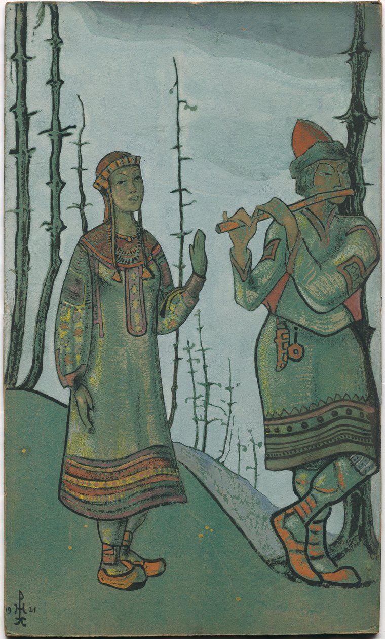 The Snow Maiden og Lel, klædt som design for Rimsky-Korsakov, fra operaen The Snow Maiden, 1921 af Nicholas Roerich