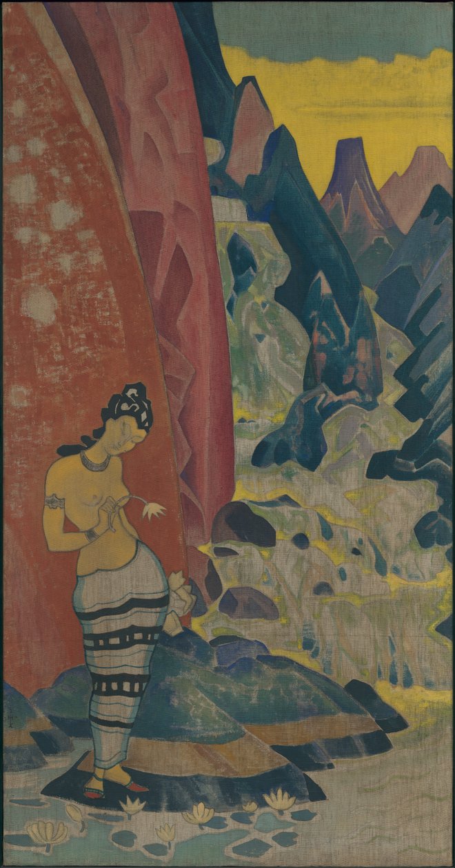 Song of the Waterfall, dekorativt panel, "Dreams of Wisdom"-serien, 1920 af Nicholas Roerich